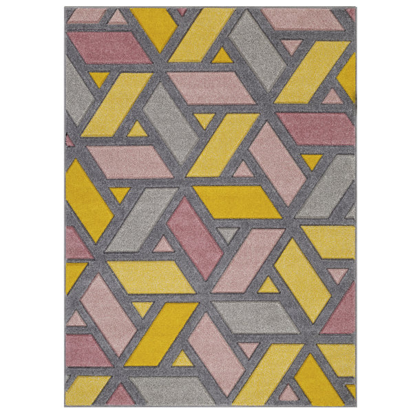 Wade Logan Jenner Geometric Machine Woven Grey/Yellow/Pink Area Rug
